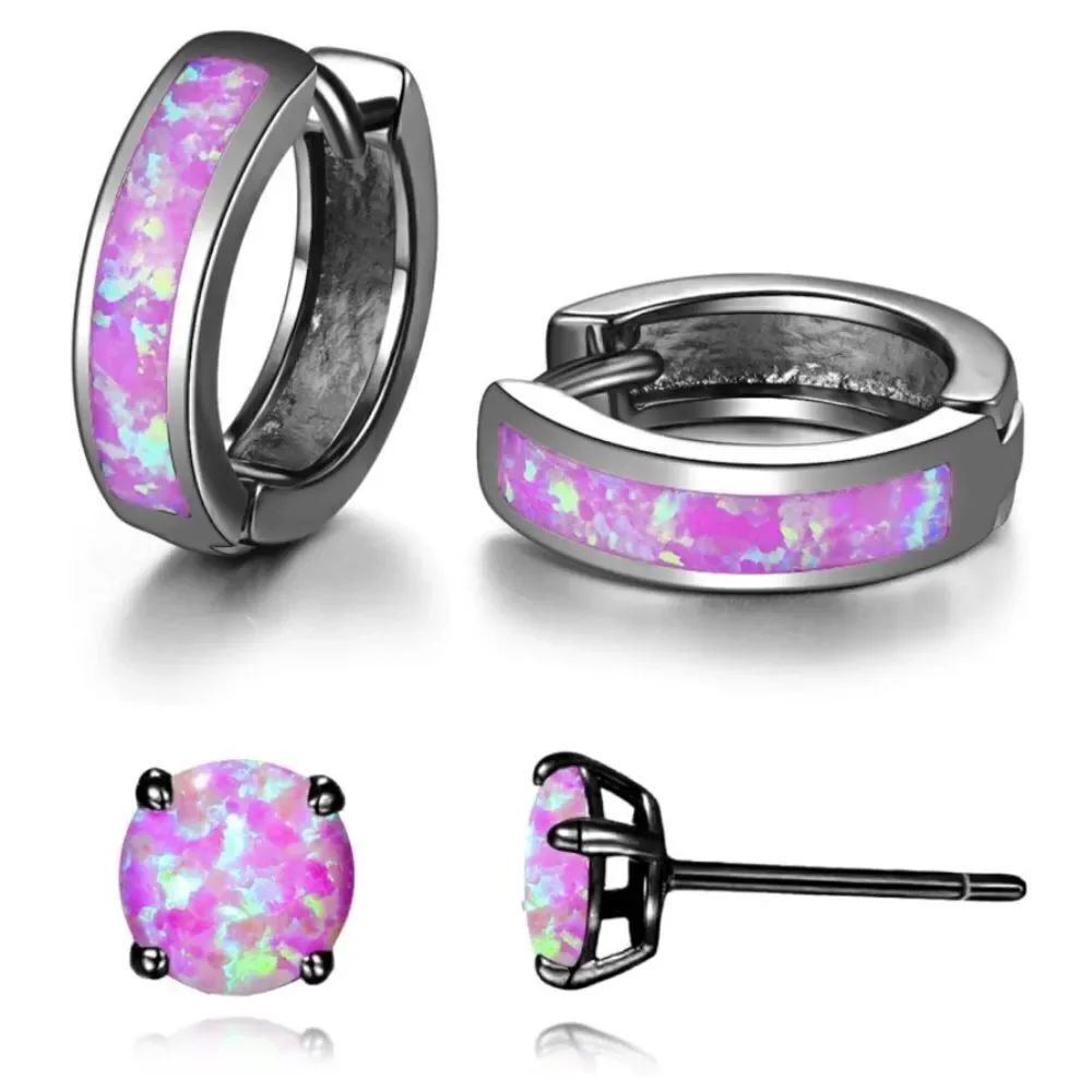 14K Black Gold with Genuine Purple Fire Opal Huggie and Stud Earrings Set of 2